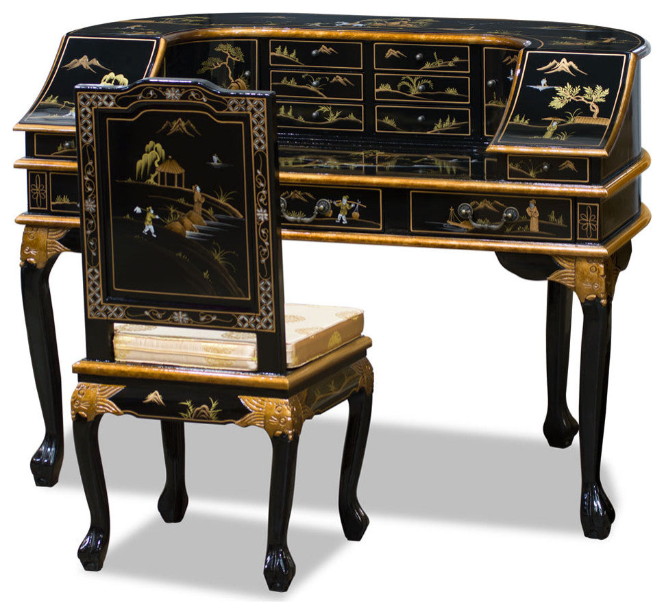 Chinoiserie Scenery Harpsichord Style Oriental Desk Set