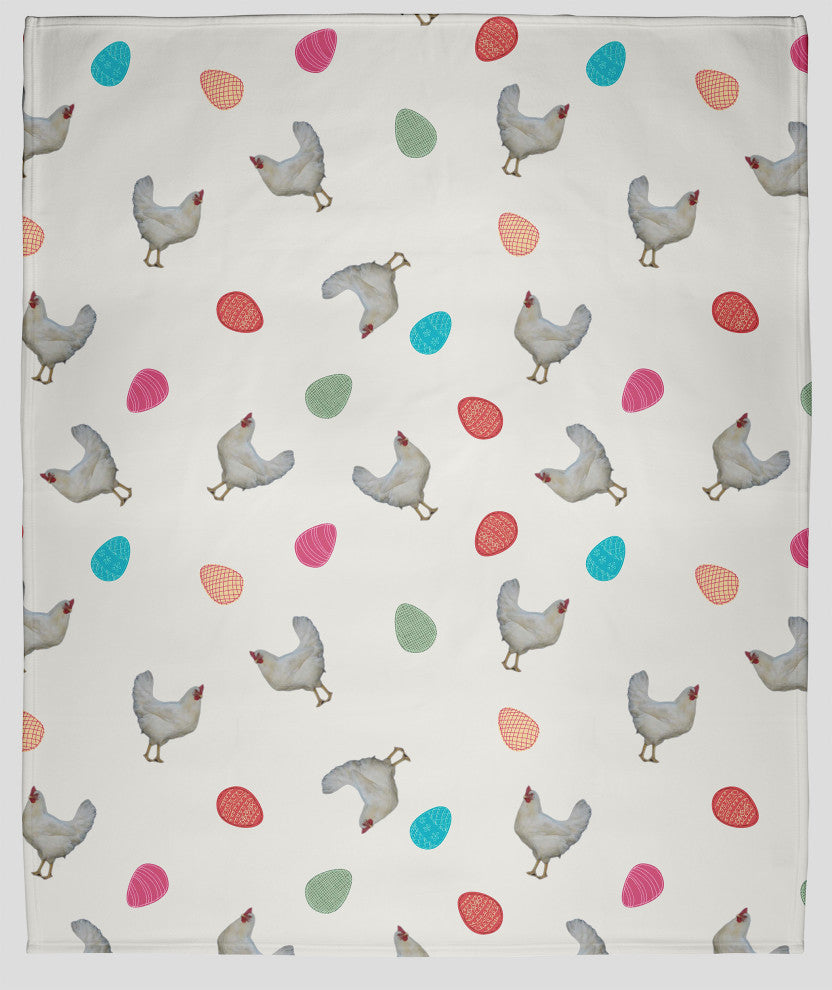60 x 80 in Chickens and Eggs Easter Throw Blanket, Whisper White