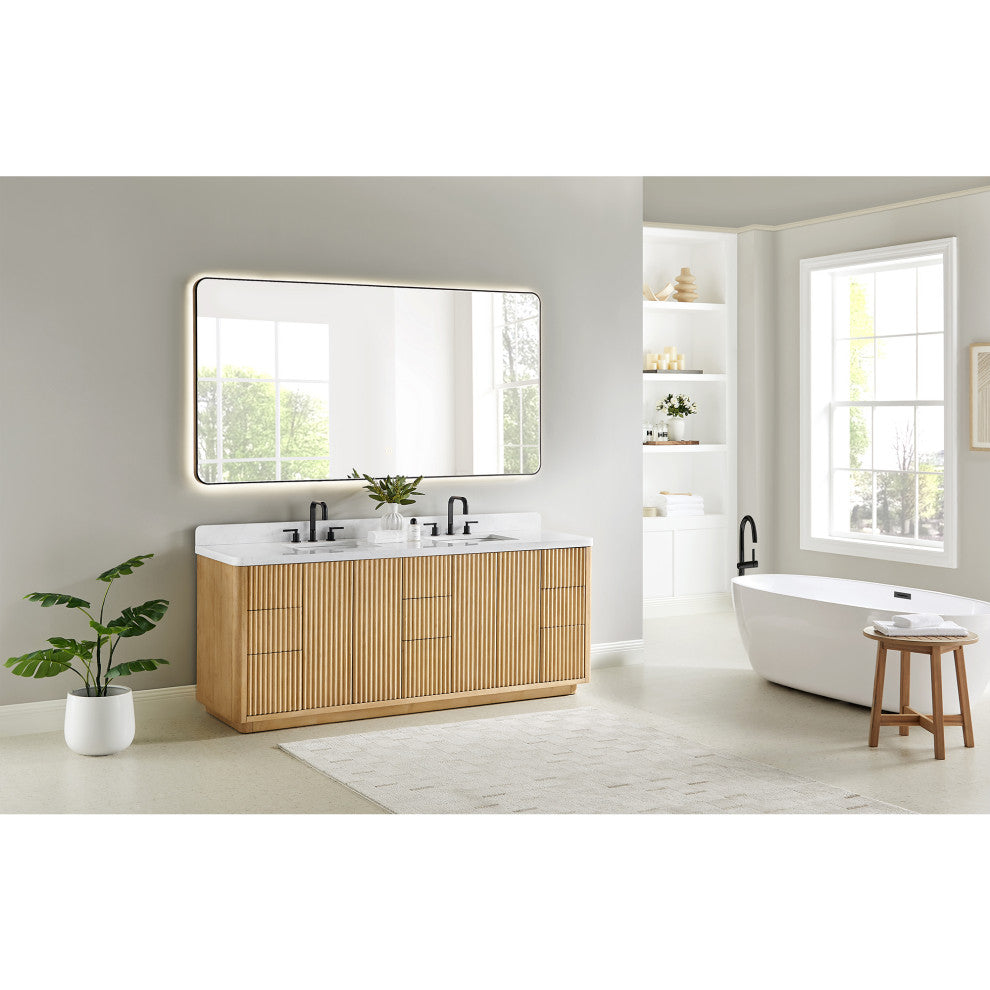 Clayton Bathroom Vanity, Washed Light Brown, 84", No Mirror