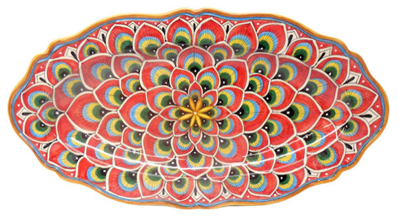 Deruta Ceramiche Sberna Penna di Pavone 24X13" Scalloped Long Oval Platter, Red
