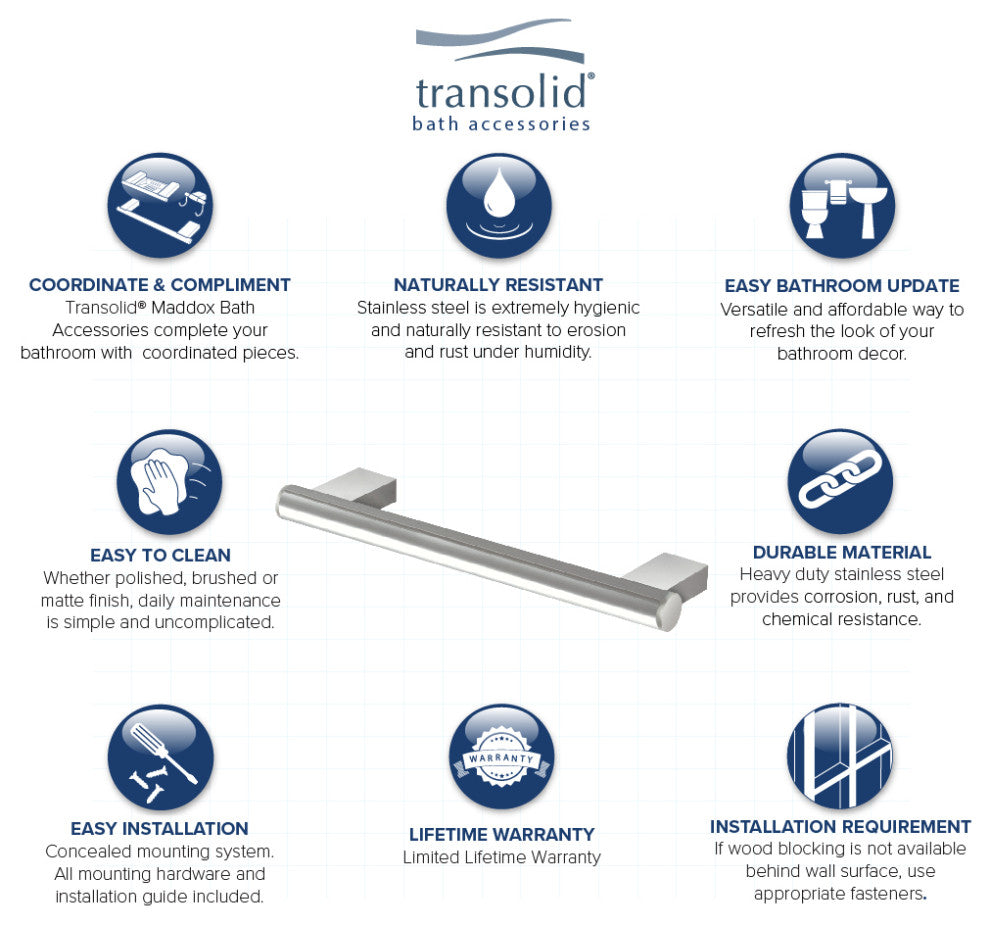 Transolid Maddox 12-inch Grab Bar, Brushed Stainless