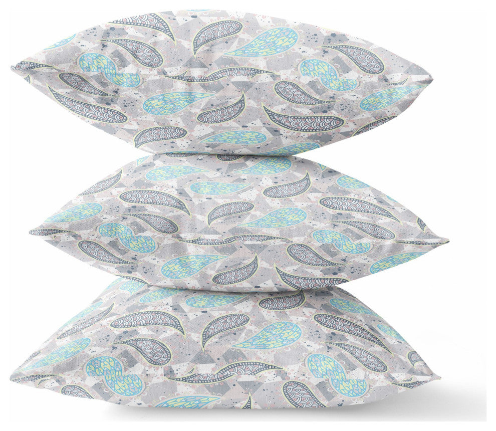 20" Gray Turquoise Boho Paisley Indoor Outdoor Throw Pillow