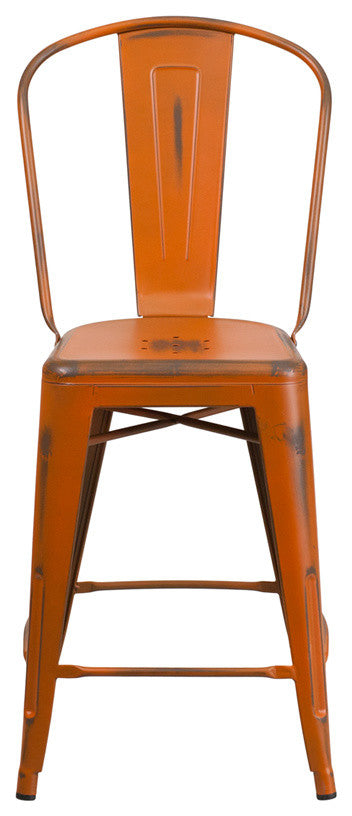 Brimmes 24" Metal Counter Stool Distressed Orange With Curved Vertical Slat