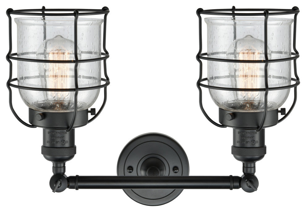 2-Light Small Bell Cage 18" Bath Fixture, Matte Black, Glass: Seedy