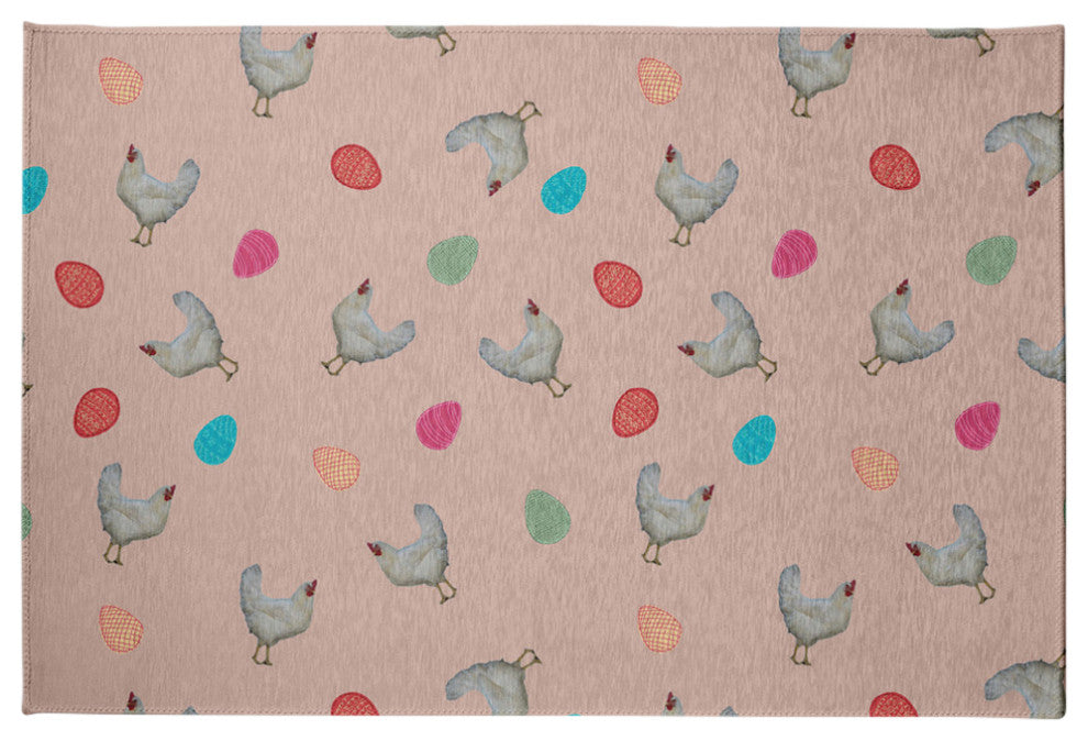 Chickens and Eggs Easter Chenille Rug, Sunwashed Red, 4'x6'