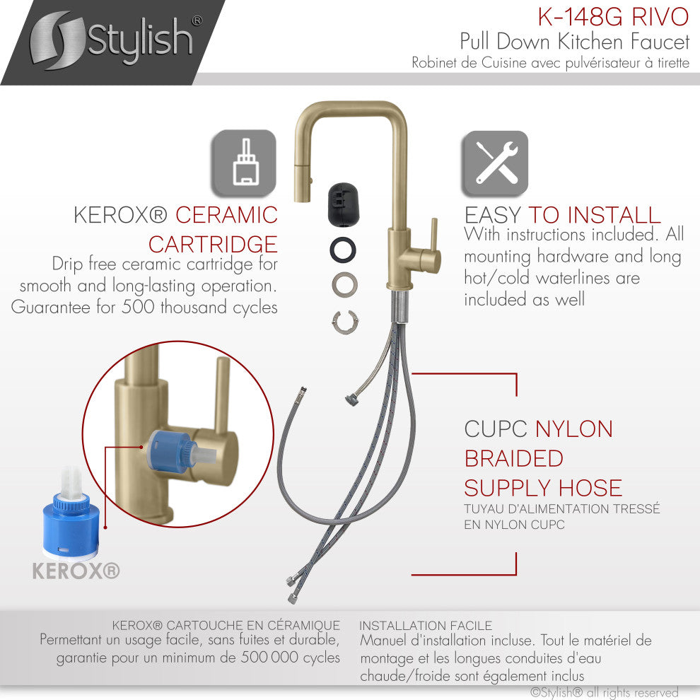 STYLISH Single Handle Pull-Down Dual Mode Kitchen Faucet Stainless Steel Golden