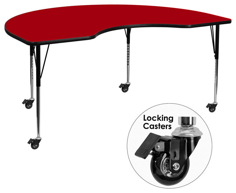 Mobile 48"x72" Kidney Red Thermal Laminate Activity Table, AdjustableLegs