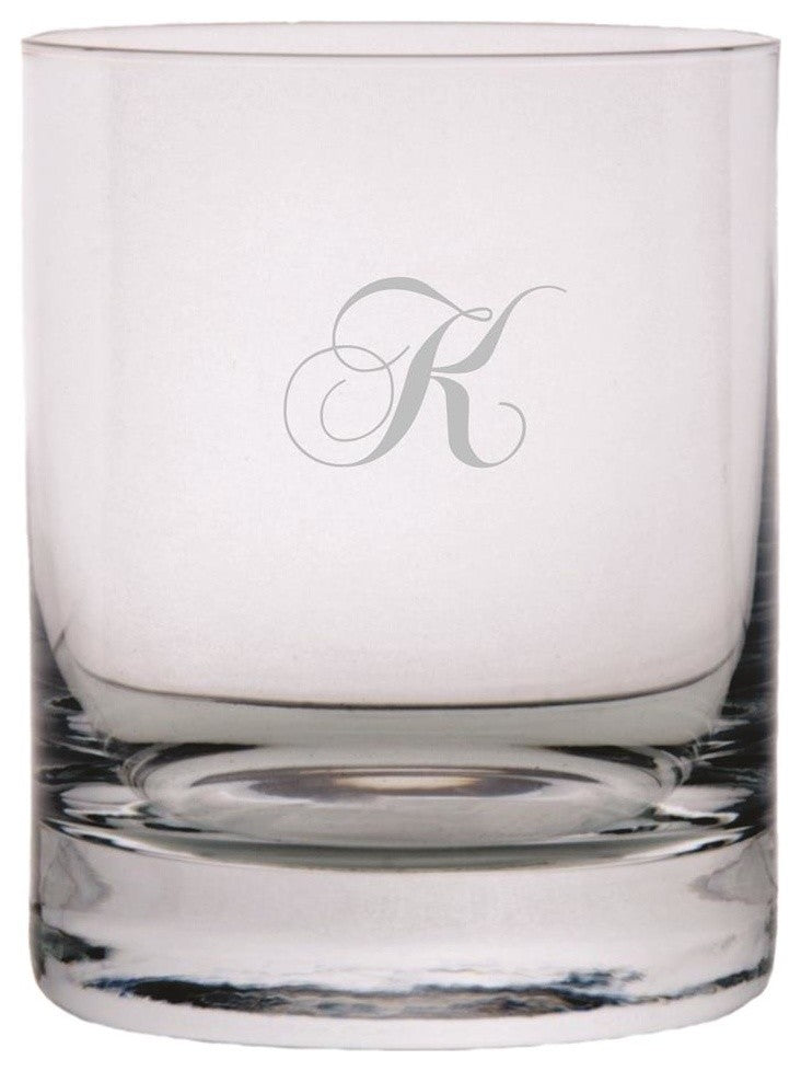 Chopin Script Monogram 11oz. Stolzle New York Crystal Rocks Glass, Letter K