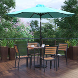 Lark 7 Pc Patio Set, 4 Stacking Chairs, 35" Square Table & Umbrella with Base, T