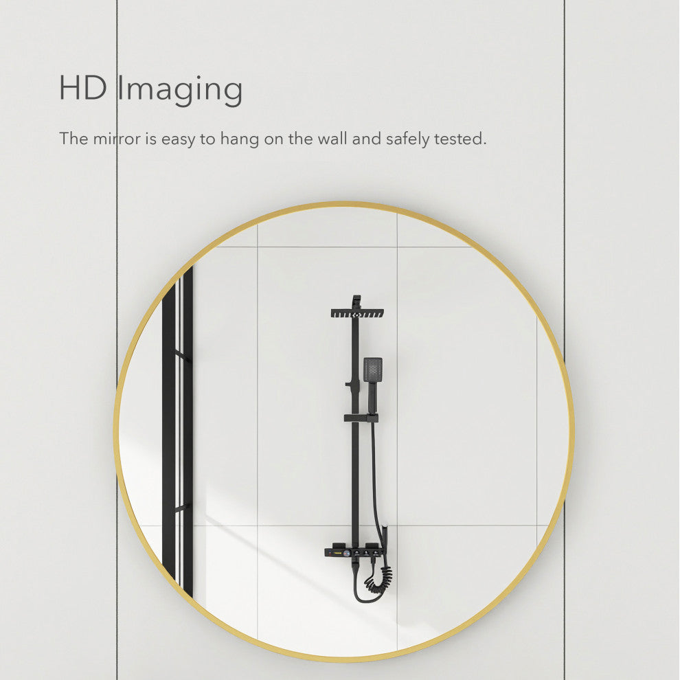 1.57" Wx31.5" H Round Framed Wall Mounted Bathroom Vanity Mirror, Brushed Gold