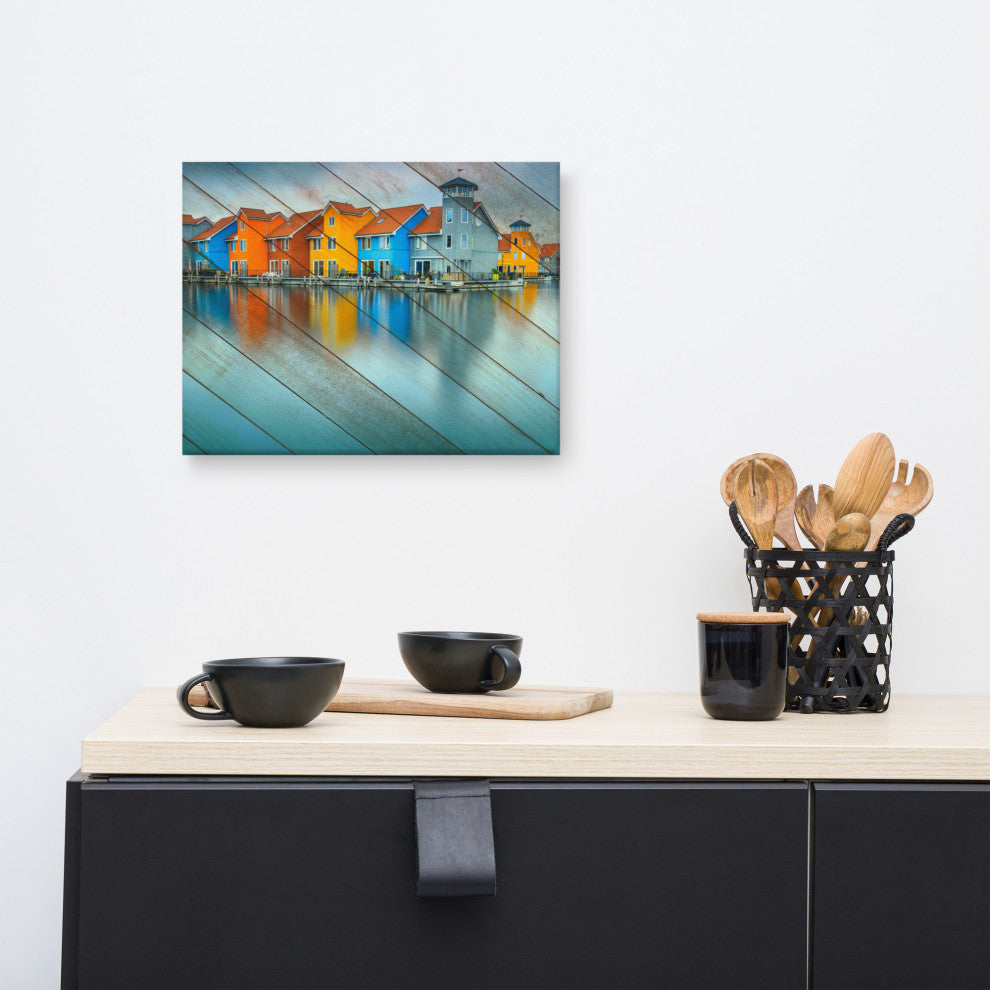 Faux Wood Blue Morning at Waters Edge Groningen Canvas Prints, 12" X 16"