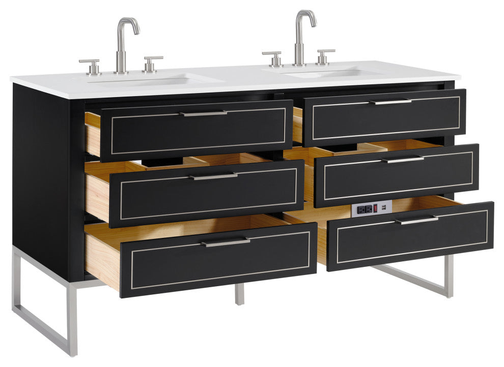 Markham Bathroom Vanity, Midnight Black/Brushed Nickel, 60", White Quartz Top