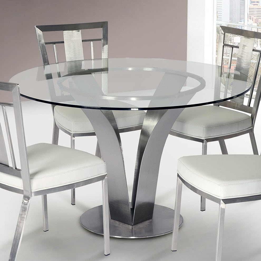 Unique Dining Table, Brushed Stainless Steel Finished Base With Round Glass Top