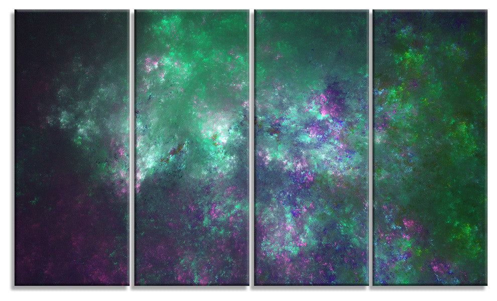 Green Starry Fractal Sky, Abstract Canvas Art Print, 48"x28", 4 Panels