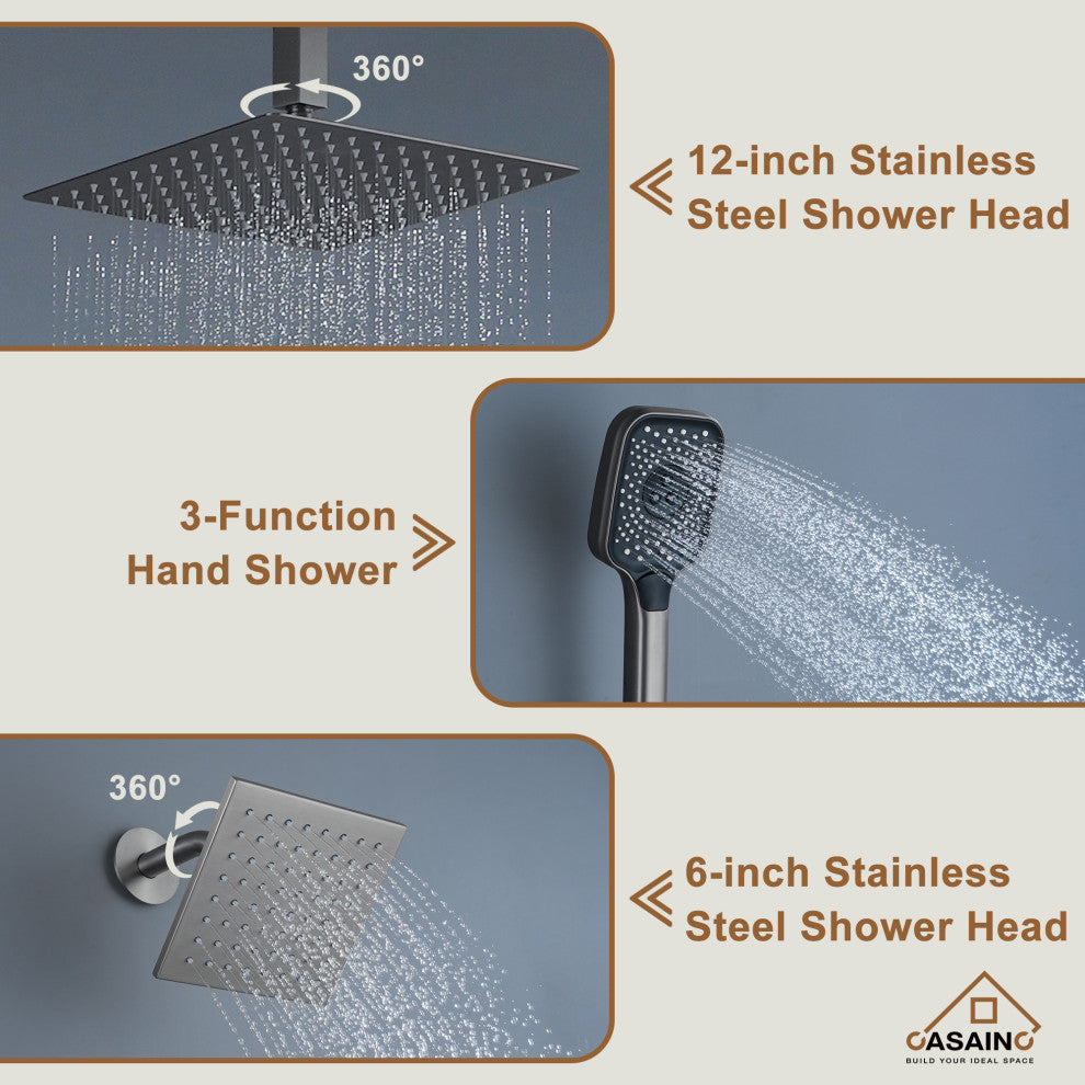 CASAINC 12" Ceiling Mounted Rainfall Shower System Set w Dual Shower Head, Brushed Nickel