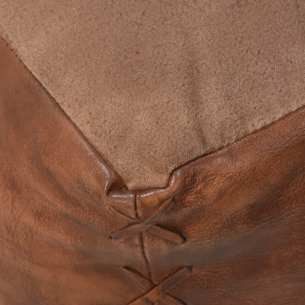 Handmade Leather Square Pouf (Recycled Foam with Fibre Fill) Antique Brown Color, 14x14x14