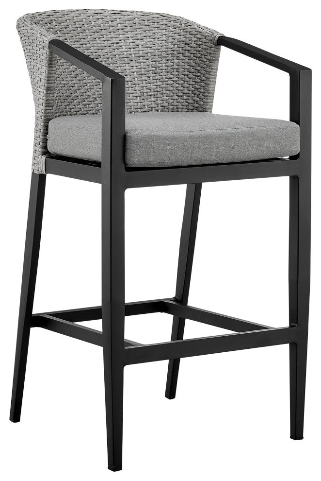 Palma Outdoor Stool, Aluminum & Wicker With Gray Cushions, Bar Height