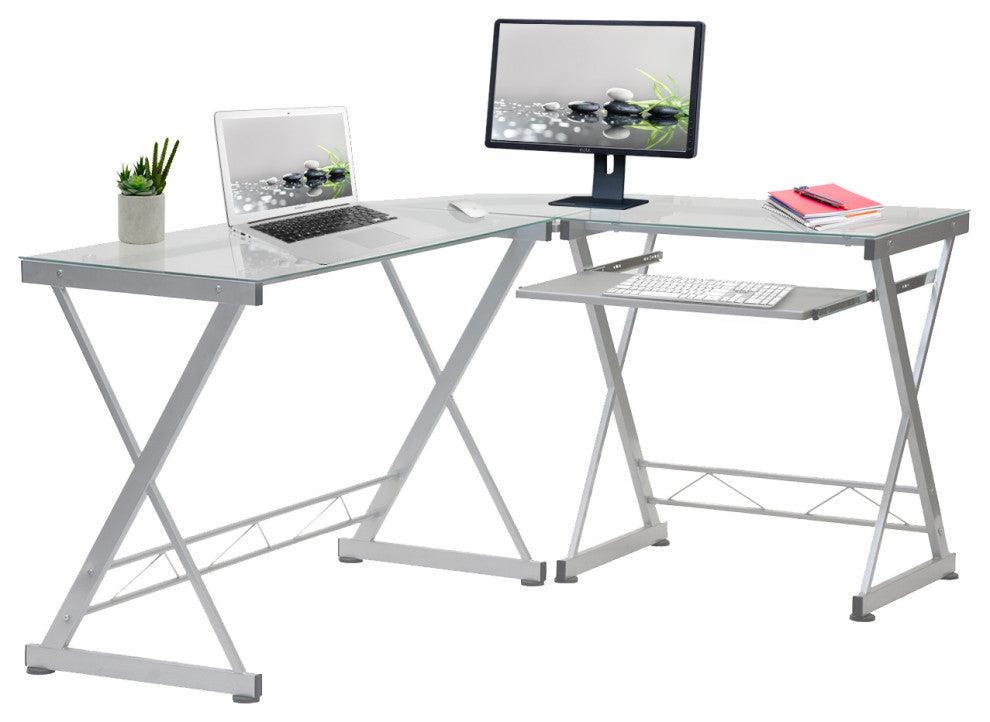 L-Shaped Tempered Glass Top Computer Desk -Clear