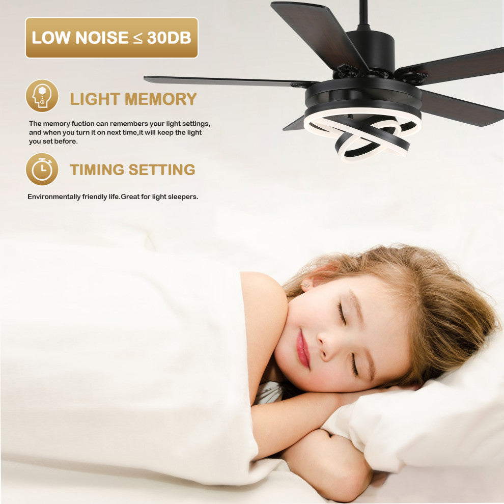 52" Ceiling Fan with Adjustable LED Light Kit, 3 Color Tone 6 Fan Speed, Black