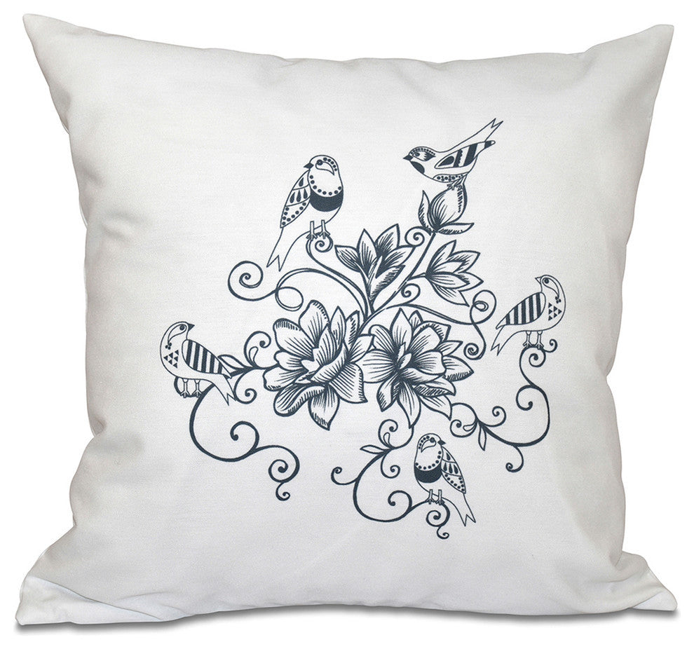 Five Little Birds, Floral Print Pillow, Gray, 18"x18"