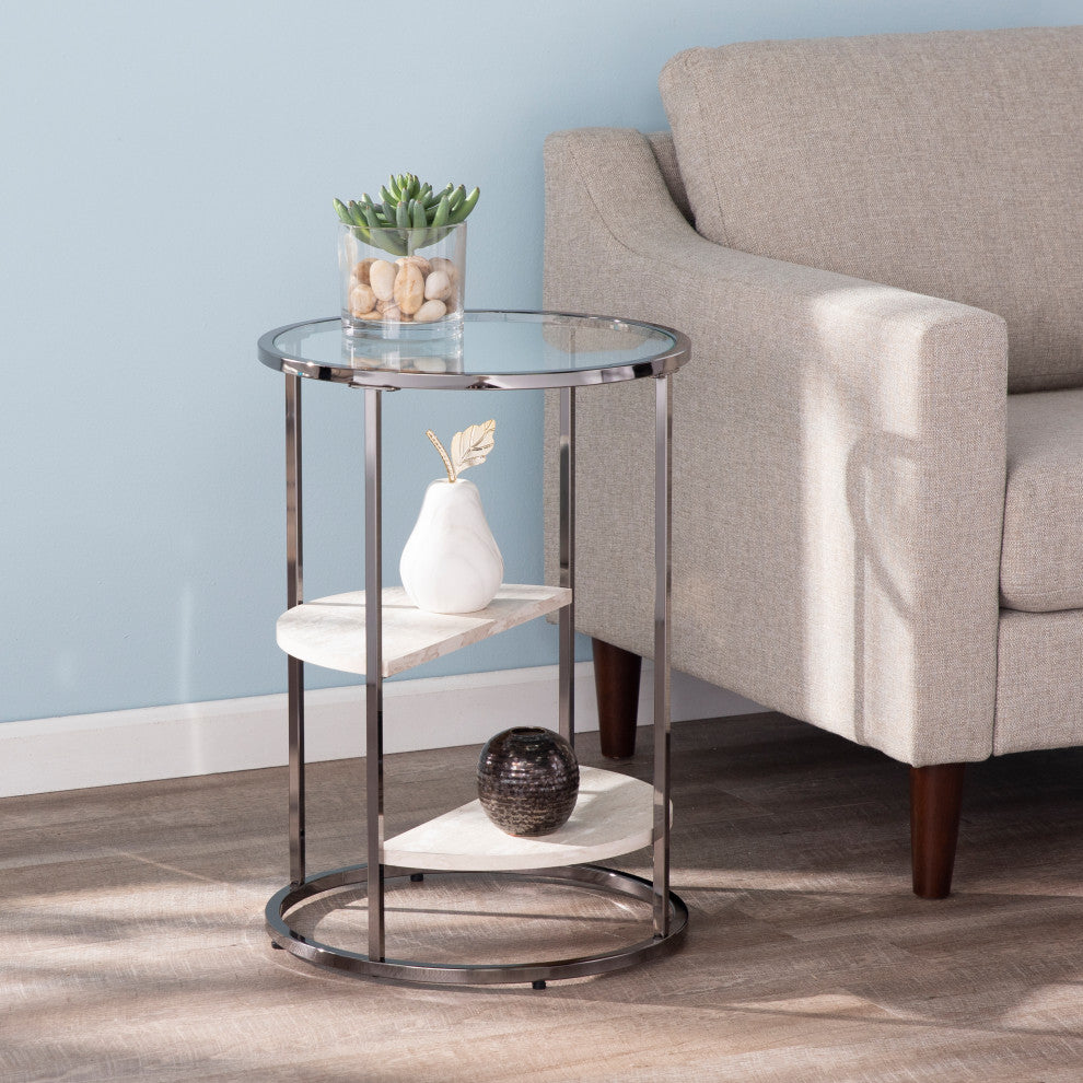 Lamonte Round Side Table with Faux Stone, Black