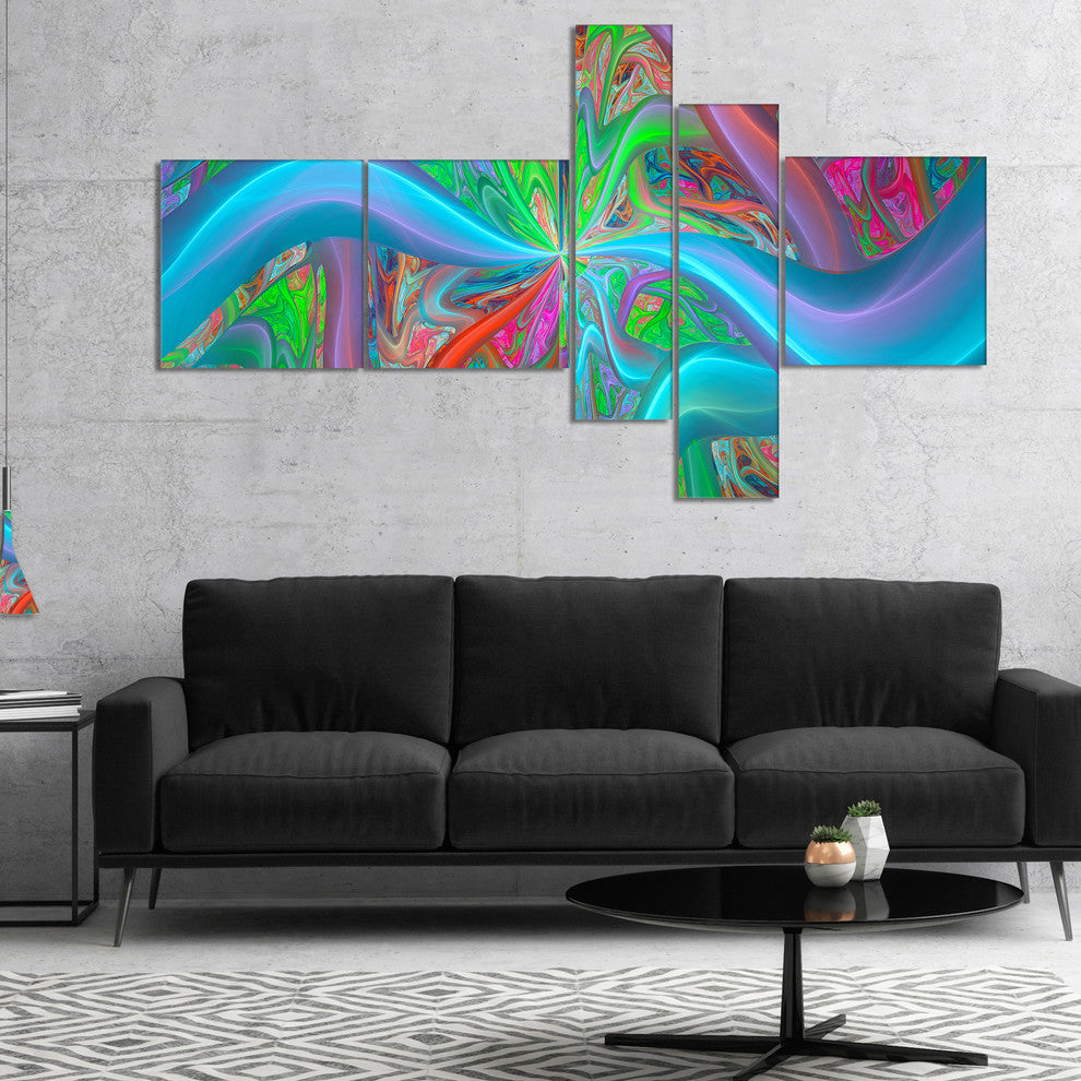 Blue Green Fractal Curves, Abstract Canvas Art Print, 60"x32", 5 panels
