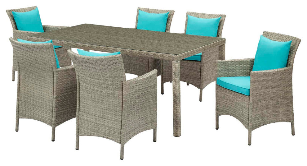 Side Dining Chair and Table Set, Rattan, Wicker, Gray Blue, Modern, Outdoor