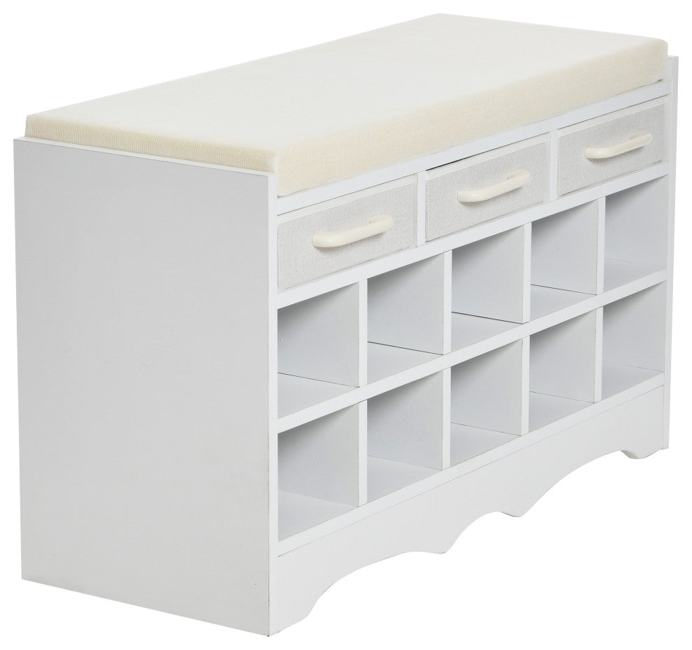 Entryway Storage Bench, 3 White Drawers 10 Shoe Compartments, Cushioned Seat