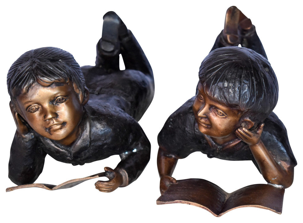 Young Kids Laying and Reading Cheerfully Bronze Statue Set Size: 20" x 13" x 8