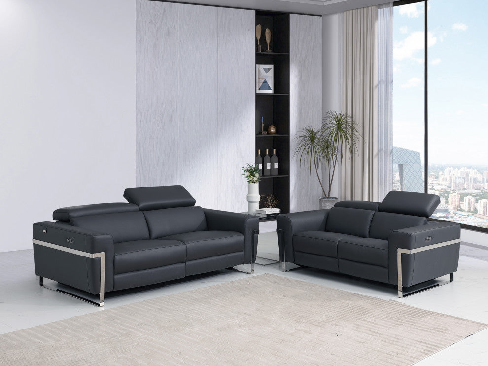 Prato Genuine Italian Leather Modern Sofa and Loveseat, Dark Gray