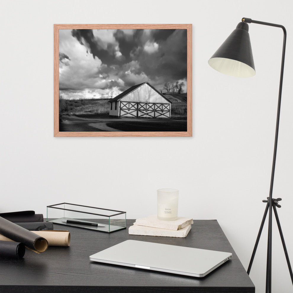 Aging Barn Morning Sun in Black and White Framed Photo Paper Wall Art Prints, Red Oak, 16" X 20"
