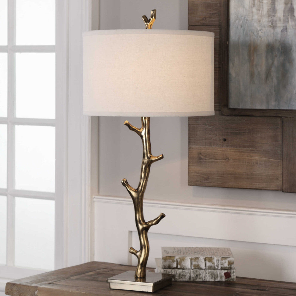 Gold Tree Branch Table Lamp, Twig Organic Shape Column