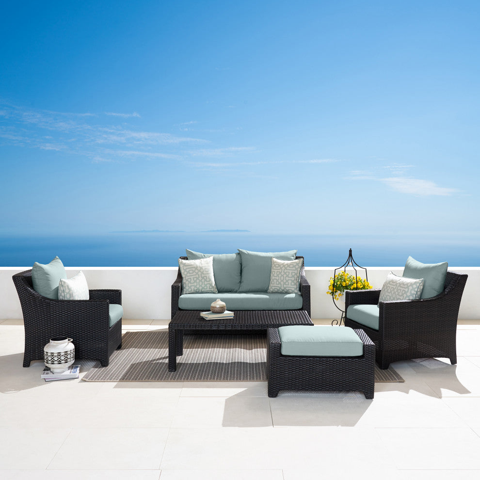 Deco 5 Piece Sunbrella Outdoor Patio Love and Club Seating Set, Spa Blue