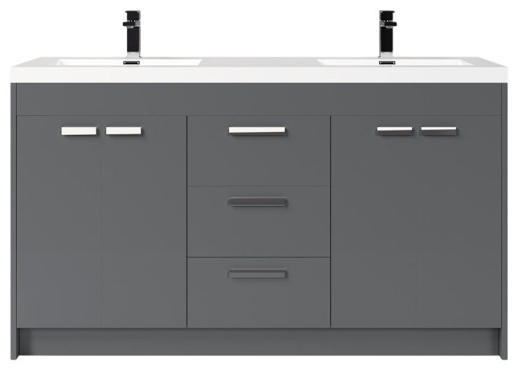 Eviva Lugano 60" Gray Modern Double Sink Bathroom Vanity With White Top