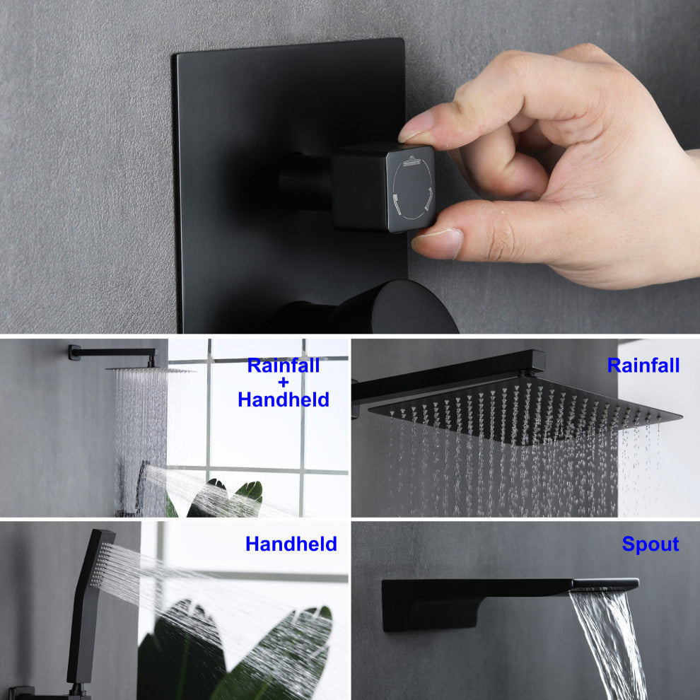 Wellfor Rainfall Shower Faucet, 12" Rain Shower Head With Handheld Combo Set, Black
