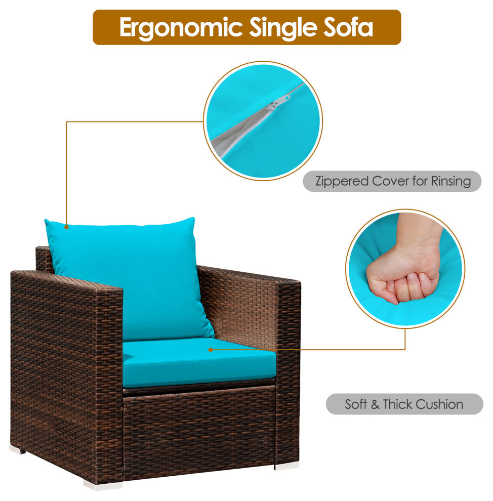 Costway 3PCS Patio Rattan Furniture Set Conversation Sofa Cushioned Turquoise