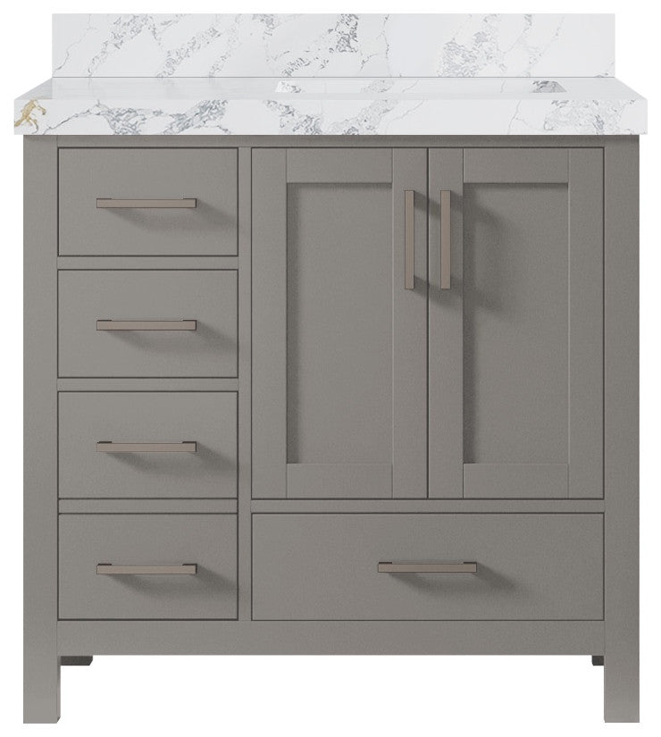 Malibu 36 Right Offset Bath Vanity in Elephant Skin Gray 2" Calacatta Poanazzo