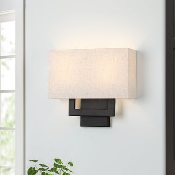 Wall Sconce Light, Dark Bronze With Oatmeal Shade, 13.25" With 2 Sockets