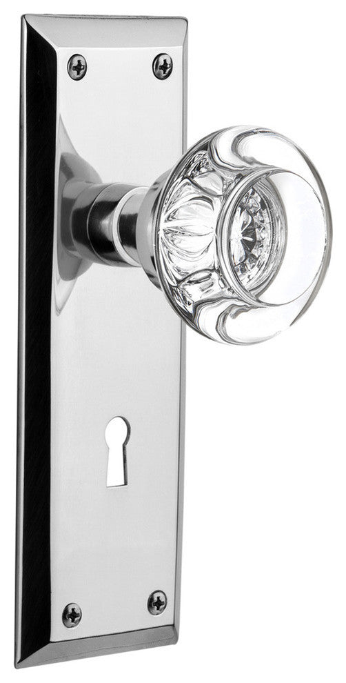 New York Plate Privacy Round Clear Crystal Glass Knob, Bright Chrome