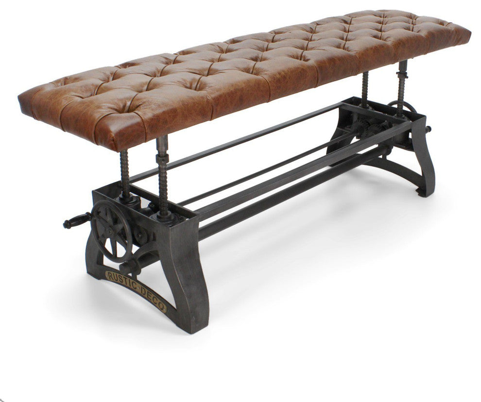 Crescent Industrial Dining Bench - Adjustable Iron Base - Brown Leather Seat