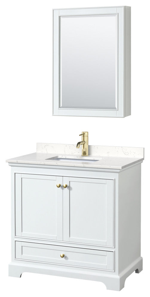 36"SGL Vanity White, Carrara Cult. Marble Top, Sink, Gold Trim, Med. Cabinet