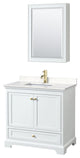 36"SGL Vanity White, Carrara Cult. Marble Top, Sink, Gold Trim, Med. Cabinet