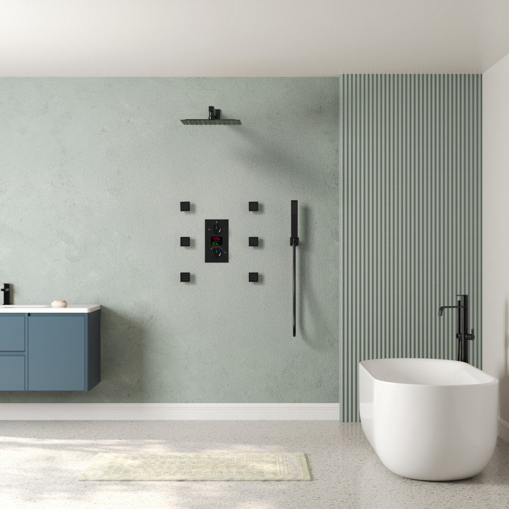 LED Temperature Digital Display Shower System With Body Jets, Matte Black, 12 Inches