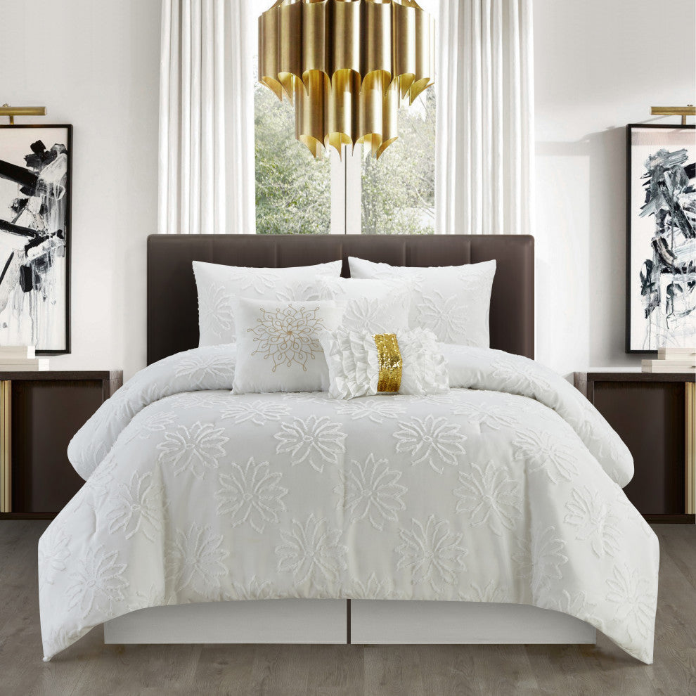 Altair Clip 7 Piece Comforter Set, White, Queen