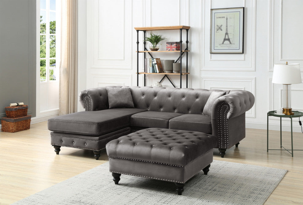 Nola 98 in. Velvet L-Shape 3-Seater Sofa With 2-Throw Pillow, Dark Gray