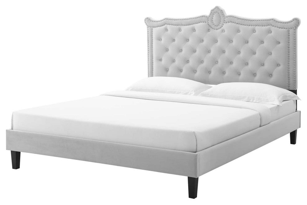 Platform Bed Frame, Nailhead, Queen Size, Gray, Velvet, Modern