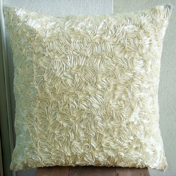 Textured 12x12 Art Silk Ivory Throw Pillows Cover for Couch, Thats Satin Ribbon