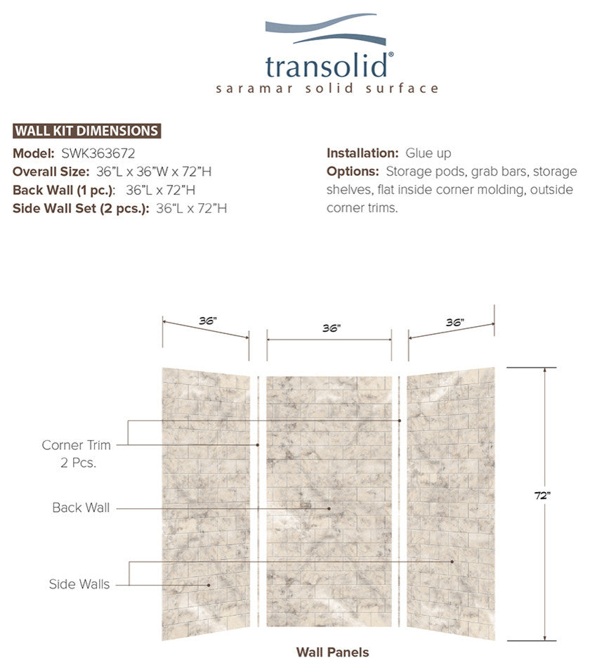 Transolid SaraMar 36"x36"x72" Glue to Wall 3-Piece Shower Wall Kit, Sand Creme