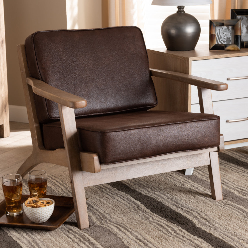 Woodard Dark Brown Faux Leather Effect Upholstered Antique Oak Wood Armchair