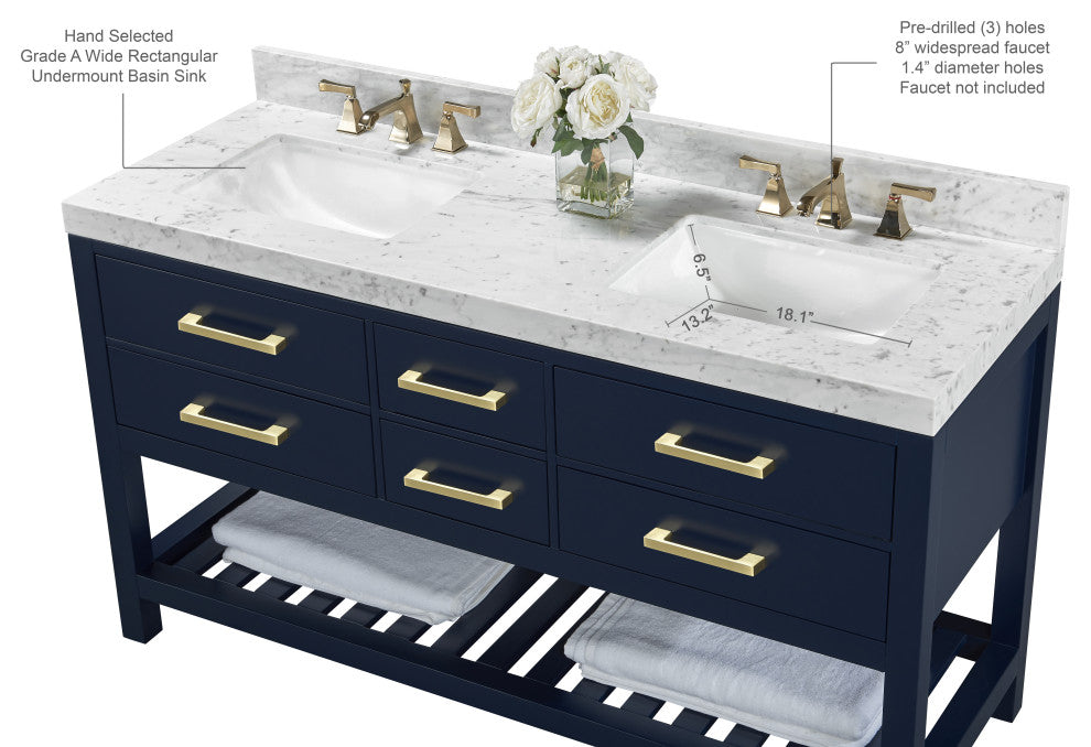 Elizabeth Bath Vanity, Heritage Blue, 60", Gold Hardware, No Mirror